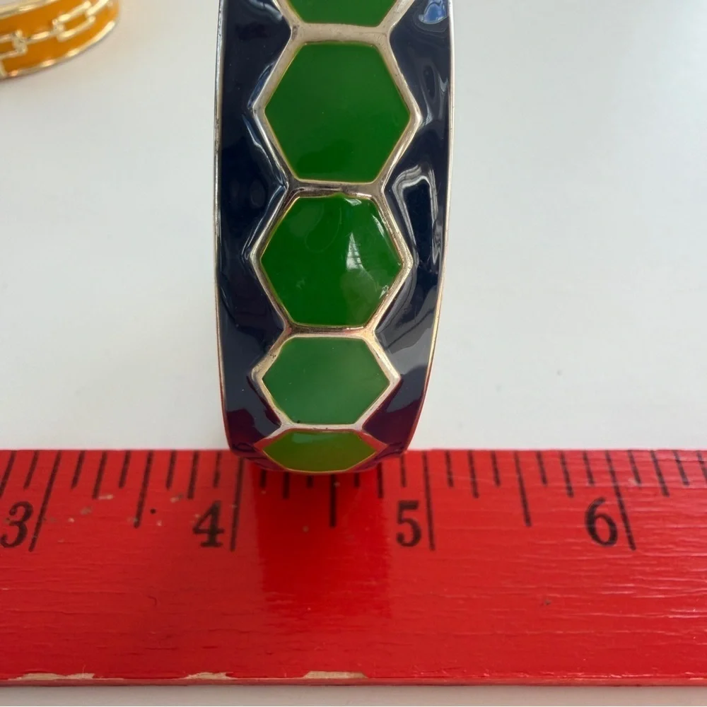 Enamel Green and Blue Hexagon Bangle Bracelet Statement‎ Spring Hinge Seahawks